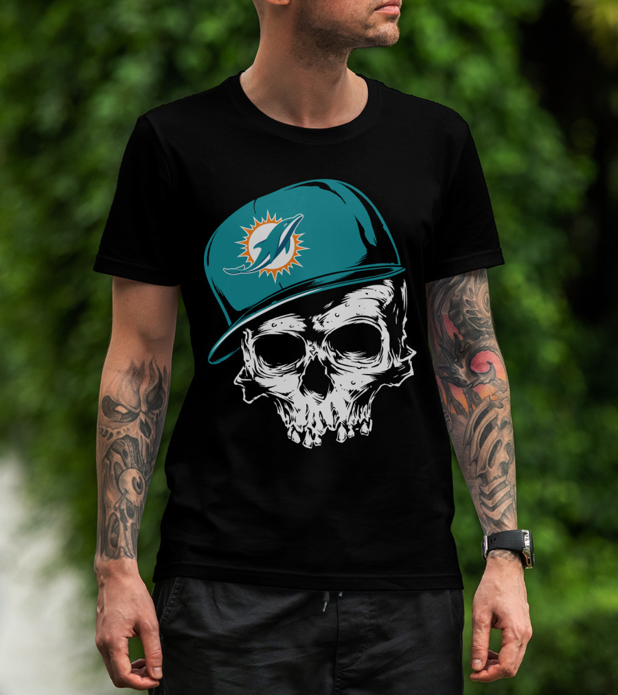 Miami Dolphins Skull With Teal Hat T-Shirt