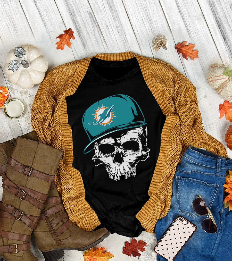 Miami Dolphins Skull With Teal Hat T-Shirt