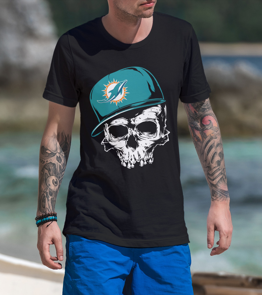 Miami Dolphins Skull With Teal Hat T-Shirt