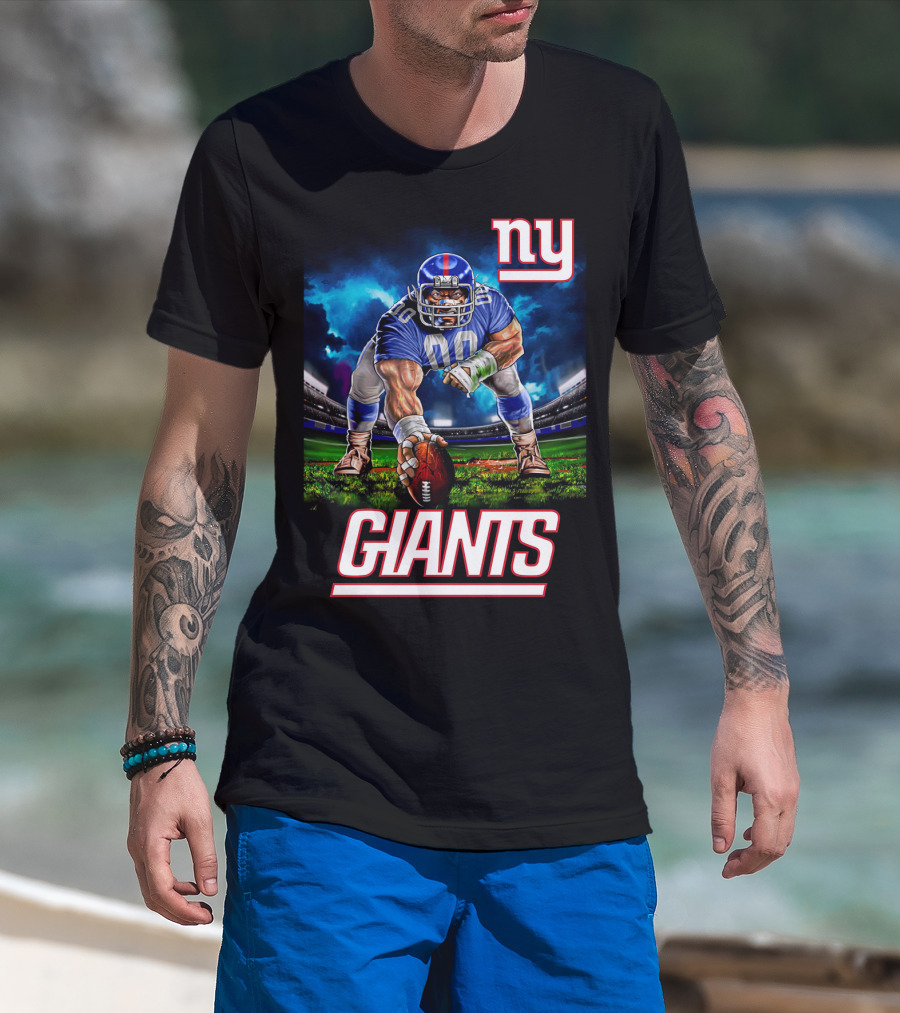 Ny Giants Football 3 Point Stance Nfl Stadium Scene T-Shirt