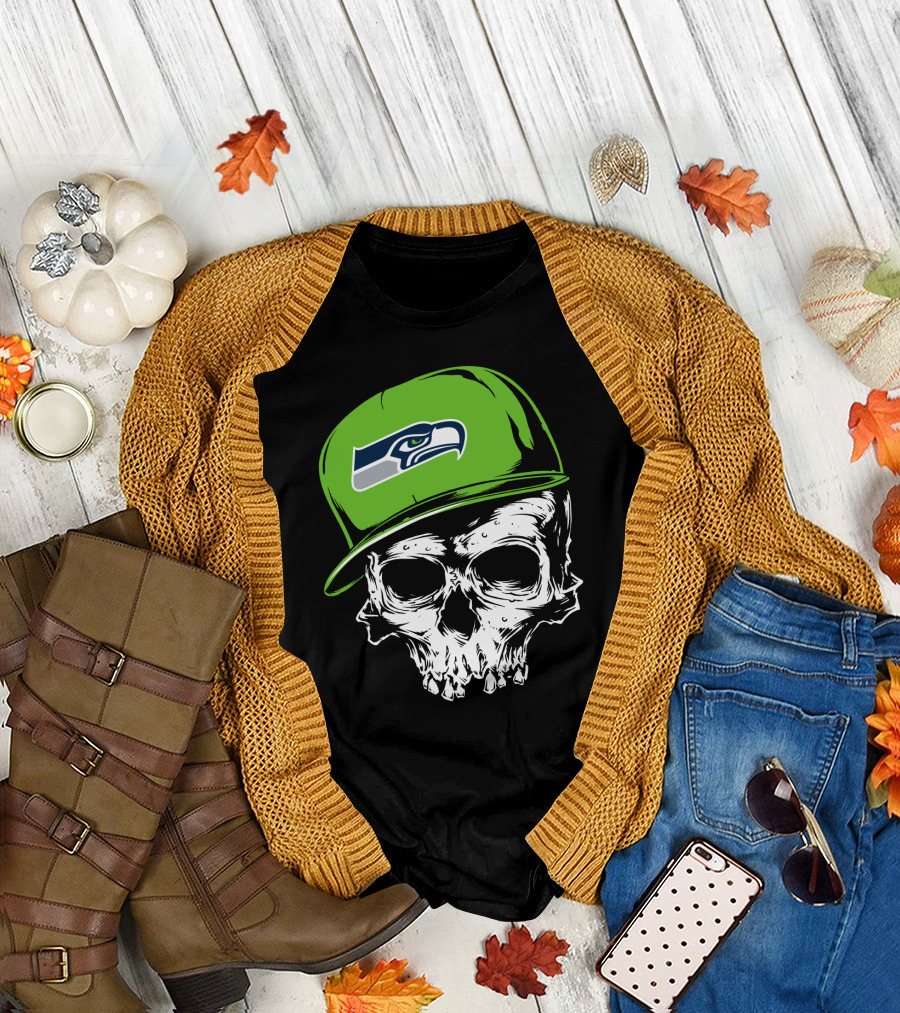 Seattle Seahawks Skull With Green Hat T-Shirt