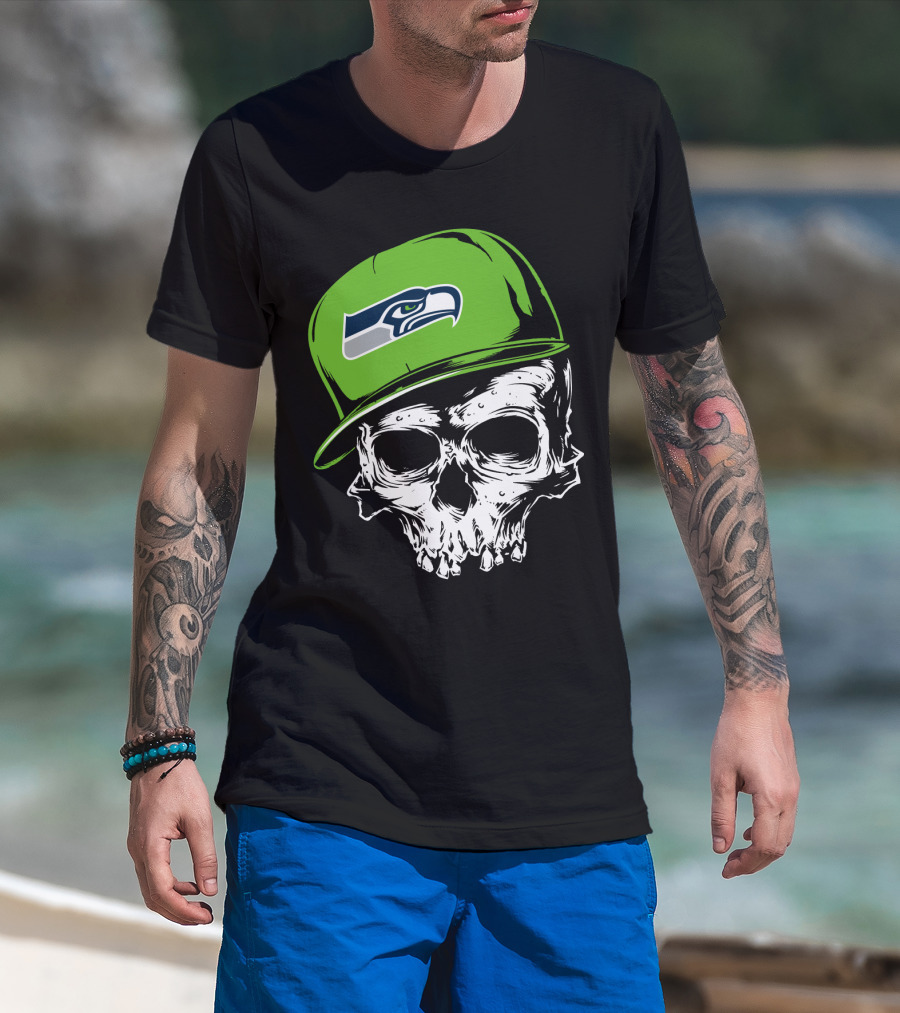 Seattle Seahawks Skull With Green Hat T-Shirt