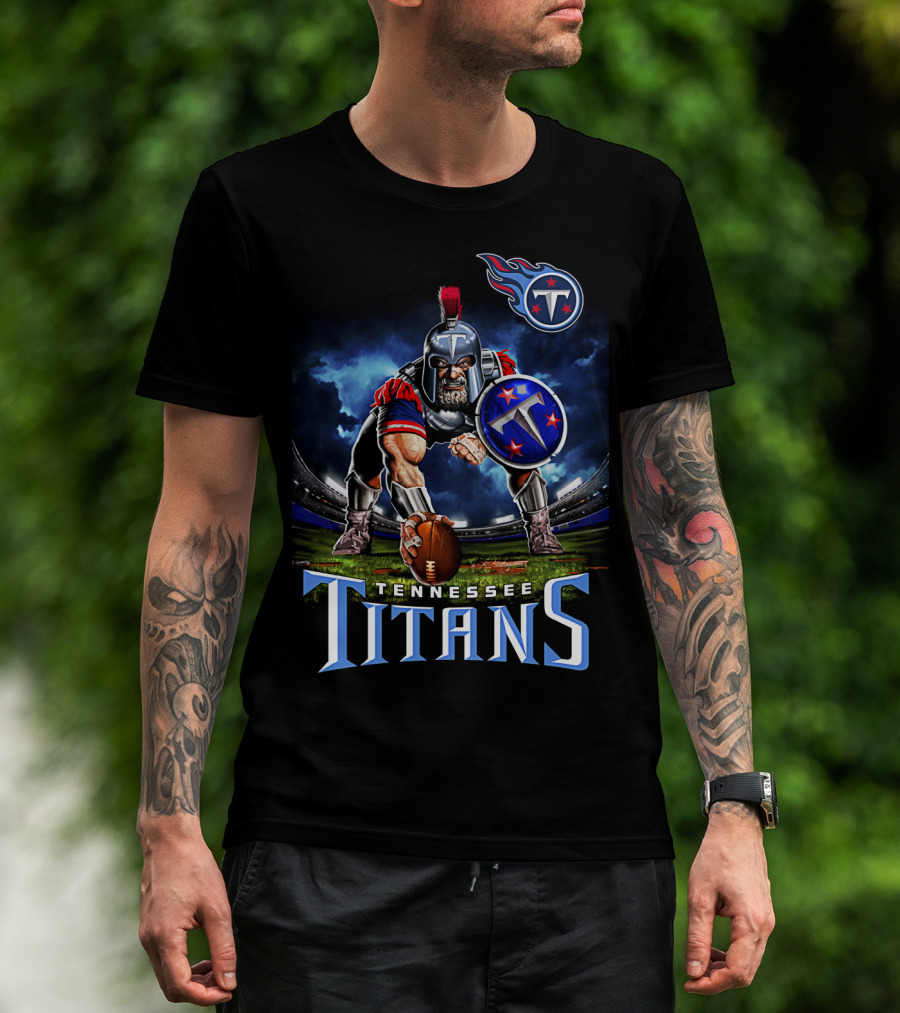 Tennessee Titans Spartan Warrior Football Action Pose Stadium Background T-Shirt