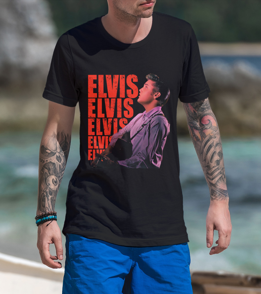 Elvis Vintage Style Portrait With Guitar T-Shirt