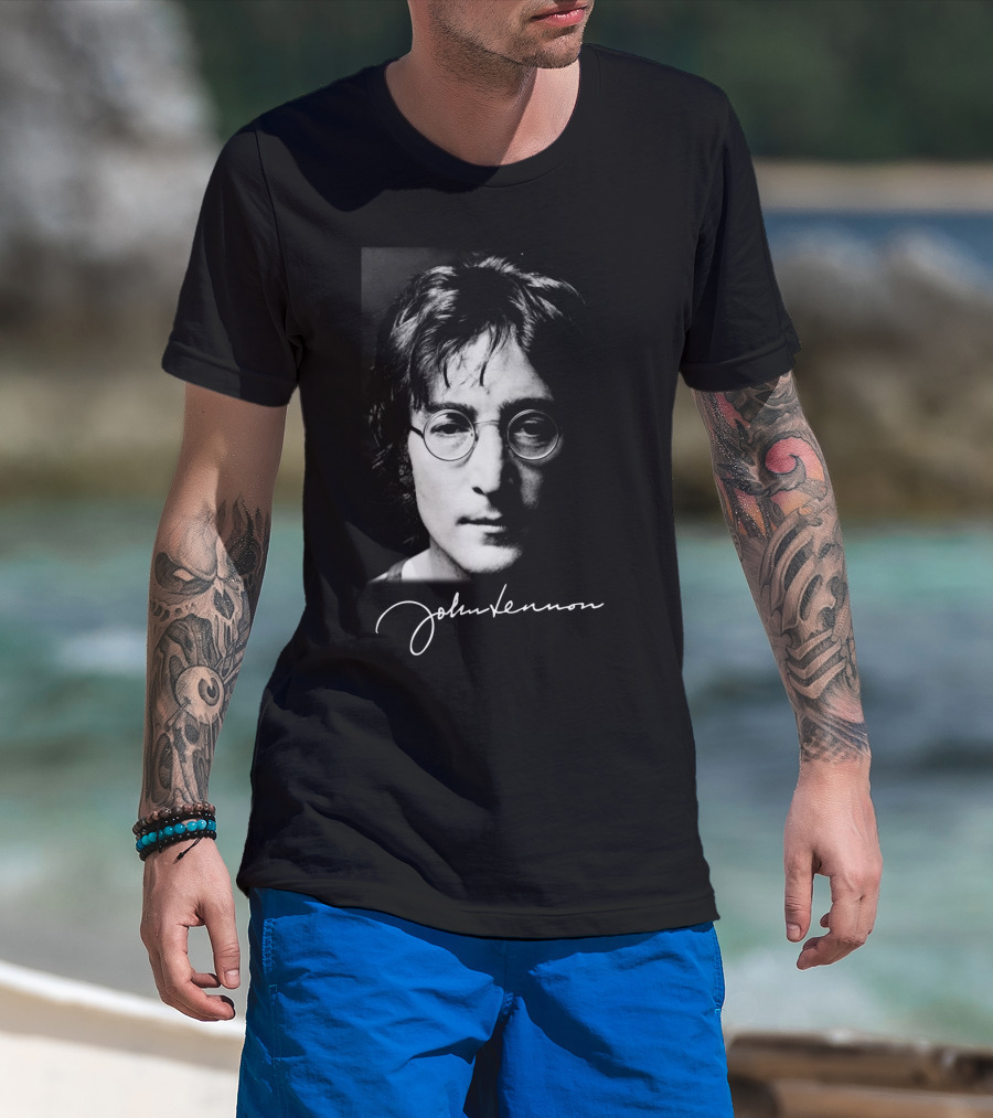 John Lennon Black And White Portrait With Signature T-Shirt