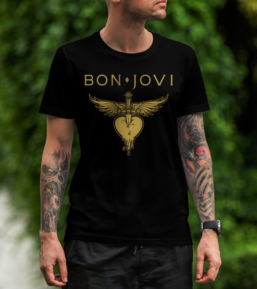Bon Jovi Winged Dagger Heart Dripping Gold T-Shirt