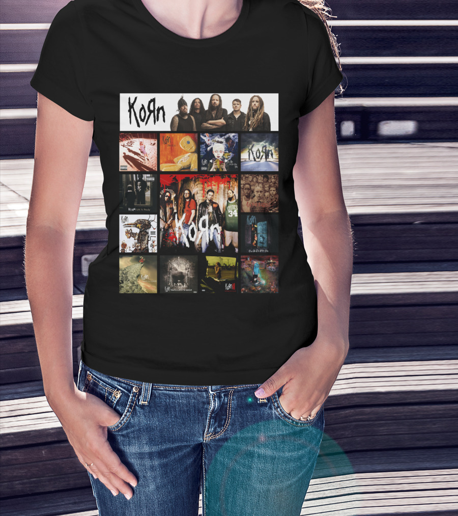Korn Greatest Hits Collection Featuring Classic Album Covers And Band Members T-Shirt