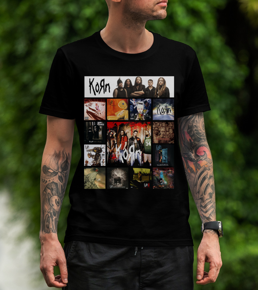 Korn Greatest Hits Collection Featuring Classic Album Covers And Band Members T-Shirt
