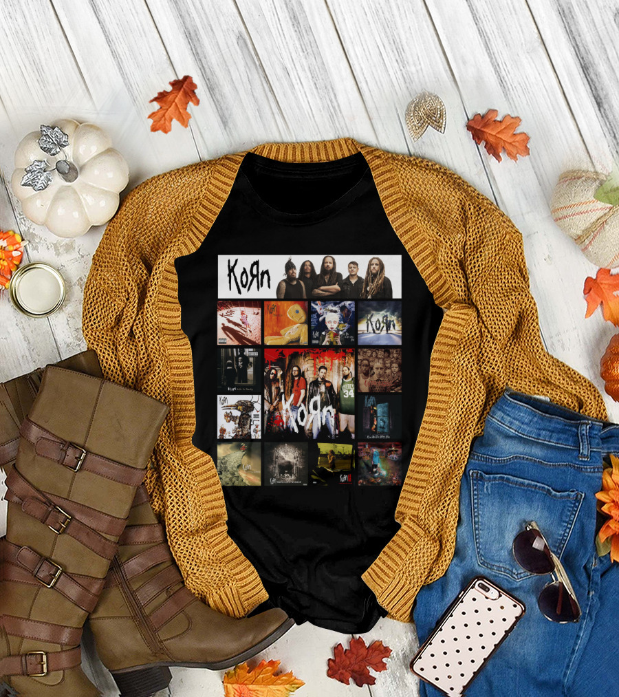 Korn Greatest Hits Collection Featuring Classic Album Covers And Band Members T-Shirt