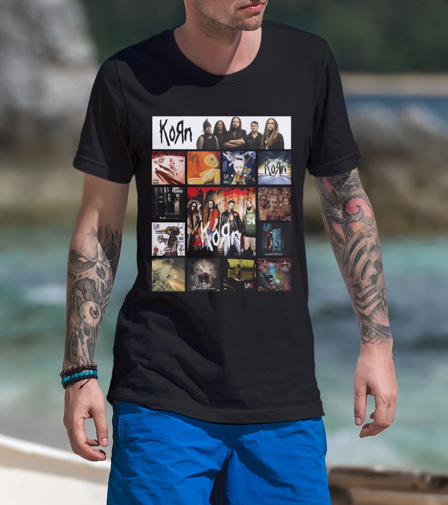 Korn Greatest Hits Collection Featuring Classic Album Covers And Band Members T-Shirt