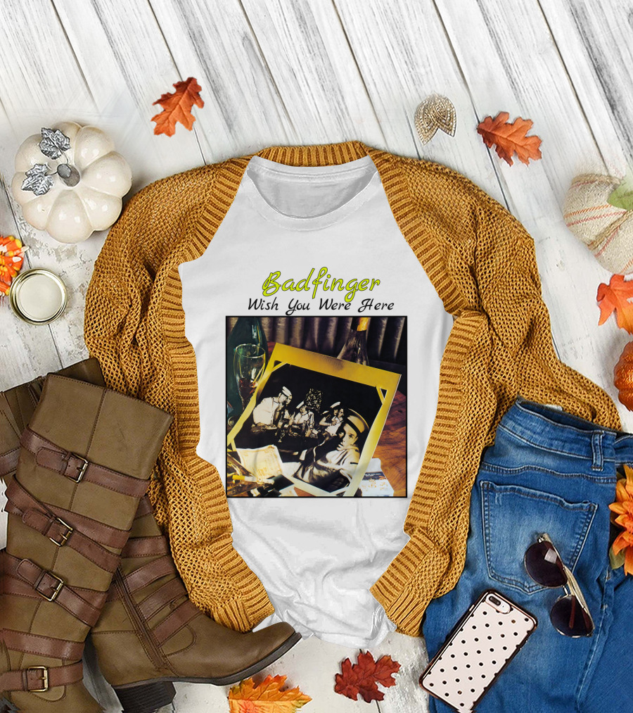 Badfinger Wish You Were Here Album Art Photographic Table Setting with Drinks and Photographs T-Shirt