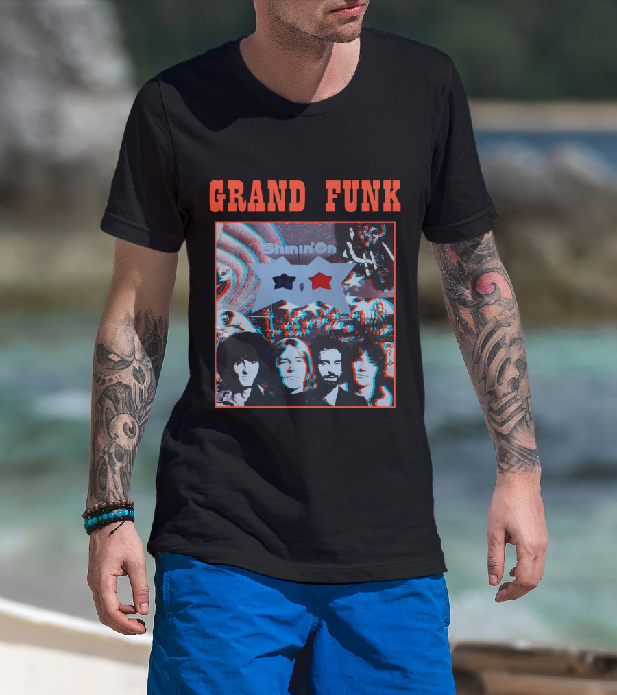 Grand Funk Shinin' On Album Cover With 3D Effect Band Members And Star Shapes T-Shirt