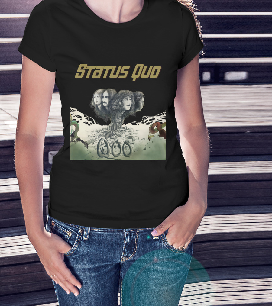 Status Quo Band Faces Tree Imagery With Members' Portraits T-Shirt