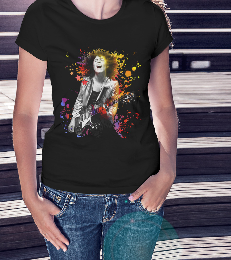 Vibrant Rock Guitarist With Colorful Splatter Explosion T-Shirt