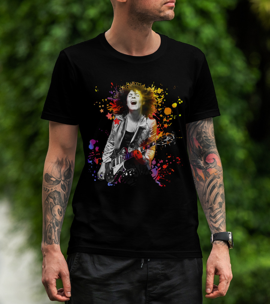Vibrant Rock Guitarist With Colorful Splatter Explosion T-Shirt