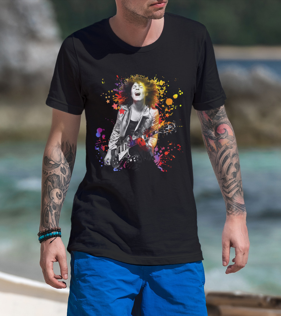 Vibrant Rock Guitarist With Colorful Splatter Explosion T-Shirt