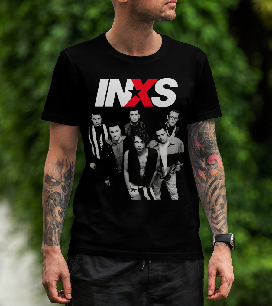 Inxs Band Black And White Group Photo With Red T-Shirt