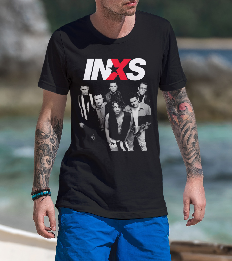 Inxs Band Black And White Group Photo With Red T-Shirt