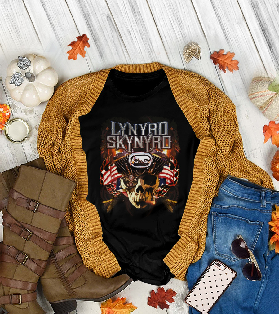 Lynyrd Skynyrd Motorcycle Engine Skull With American Flag Flames T-Shirt