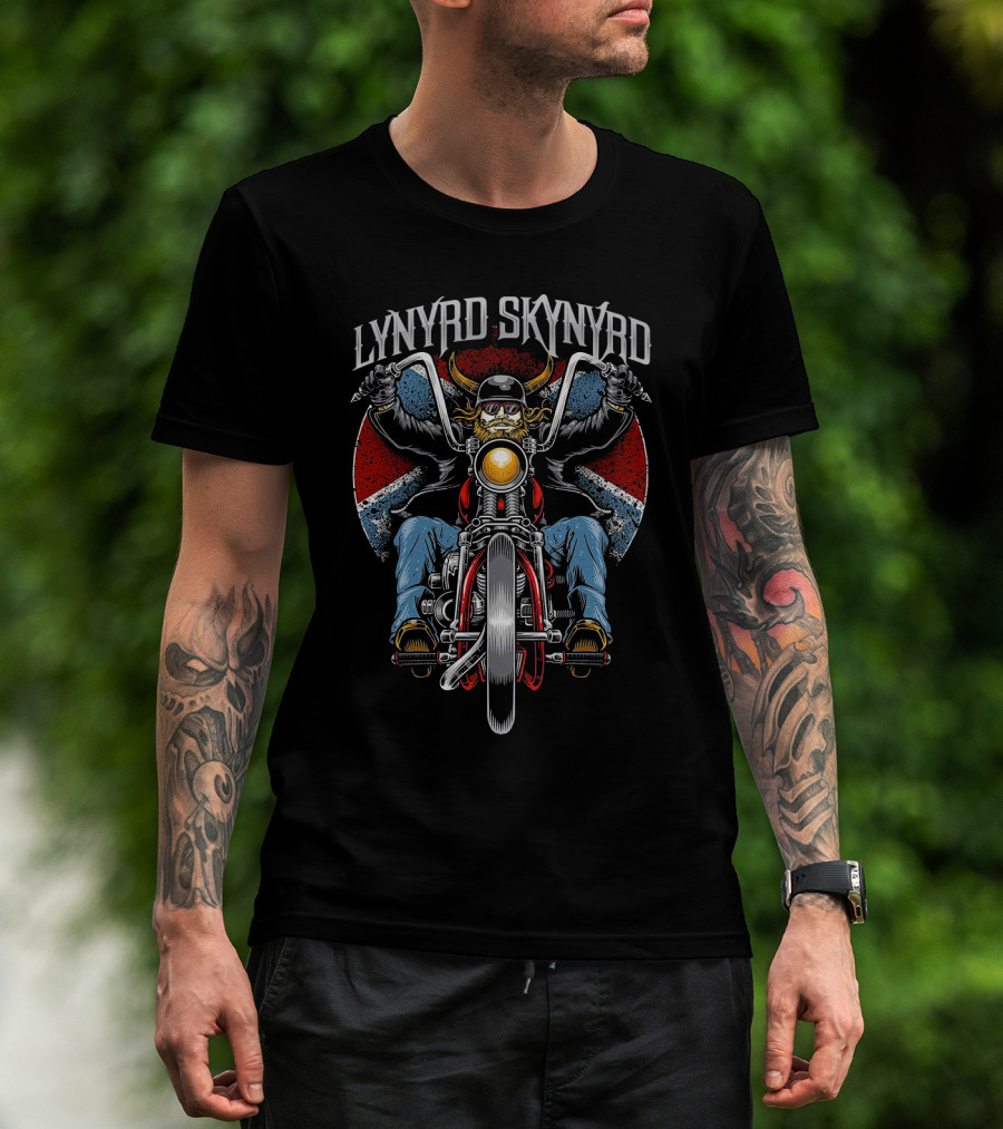 Lynyrd Skynyrd Motorcycle Rider With Usa Colors And Bull Skull Helmet T-Shirt