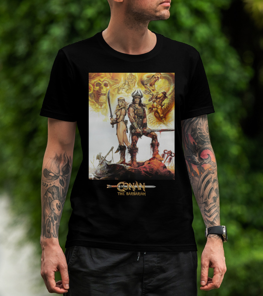 Conan The Barbarian Sword Skulls Warrior Fantasy Art T-Shirt