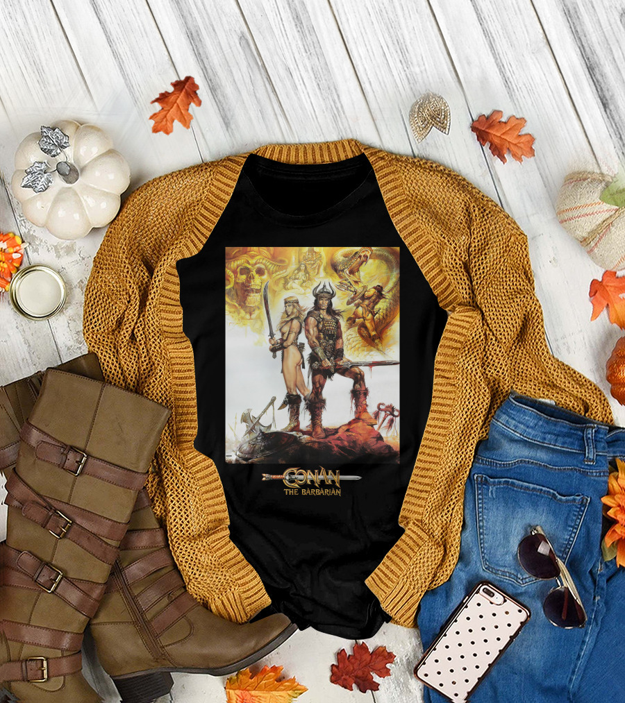 Conan The Barbarian Sword Skulls Warrior Fantasy Art T-Shirt