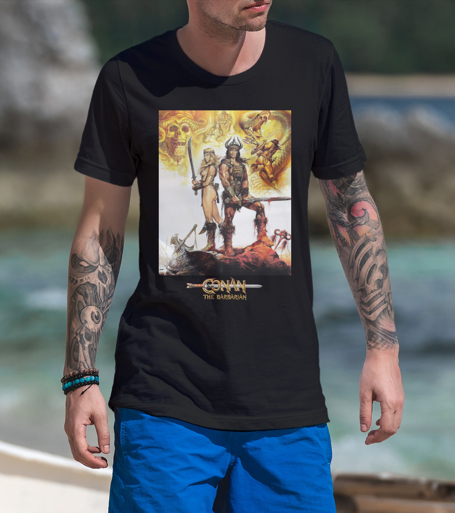 Conan The Barbarian Sword Skulls Warrior Fantasy Art T-Shirt