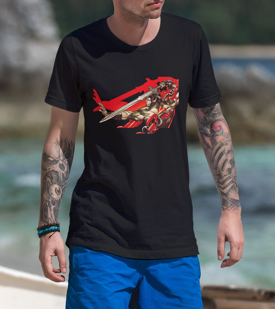 Conan Sword Action With Red Snakes And Warrior T-Shirt