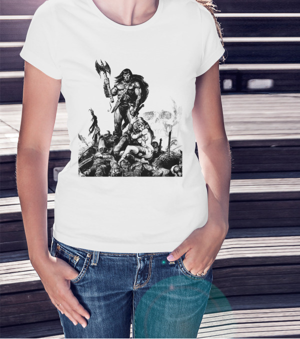 Conan Barbarian Warrior Standing On Battlefield With Axe And Skull In Background T-Shirt