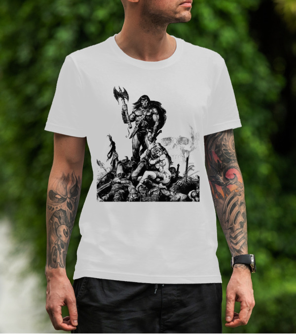 Conan Barbarian Warrior Standing On Battlefield With Axe And Skull In Background T-Shirt