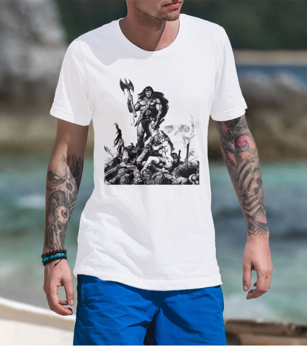 Conan Barbarian Warrior Standing On Battlefield With Axe And Skull In Background T-Shirt