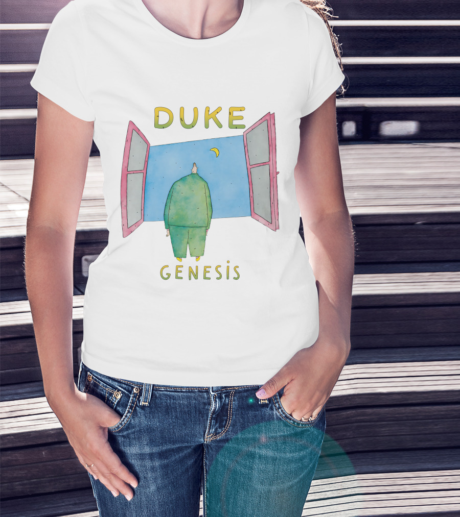 Duke Genesis Album Artwork Blue Figurine With Open Window And Crescent Moon T-Shirt