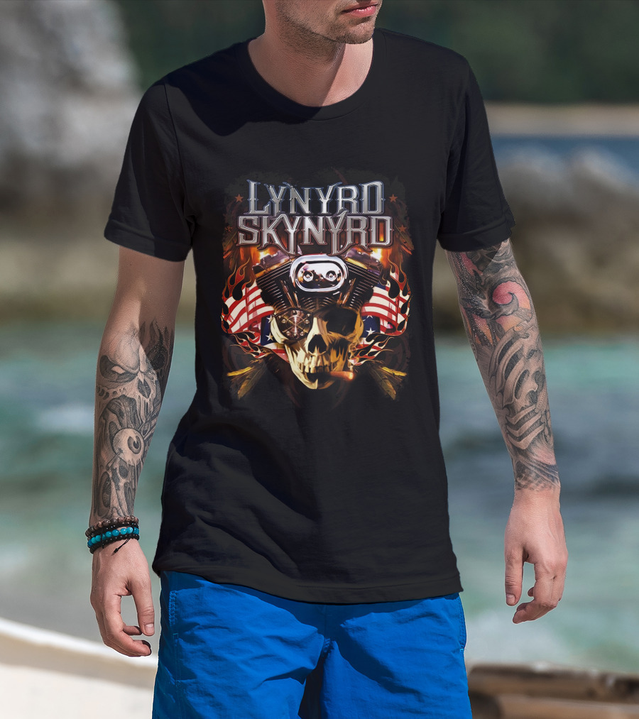 Lynyrd Skynyrd Skull Engine American Flag Flames T-Shirt