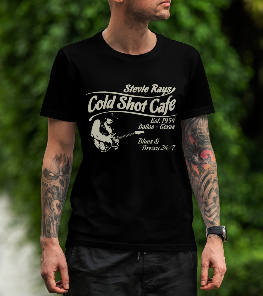 Stevie Rays Cold Shot Cafe Est. 1954 Dallas Texas Blues & Brews 24/7 T-Shirt