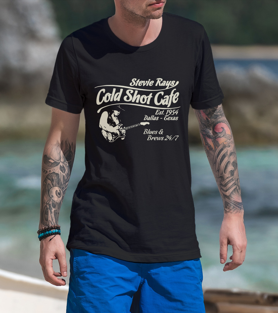 Stevie Rays Cold Shot Cafe Est. 1954 Dallas Texas Blues & Brews 24/7 T-Shirt