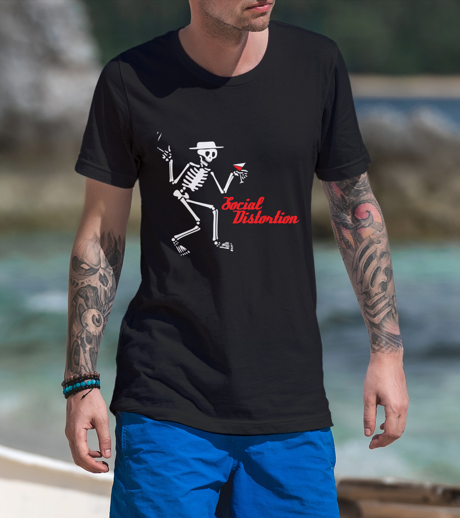 Sdt 17 Social Distortion Skeleton Smoking And Drinking Martini T-Shirt