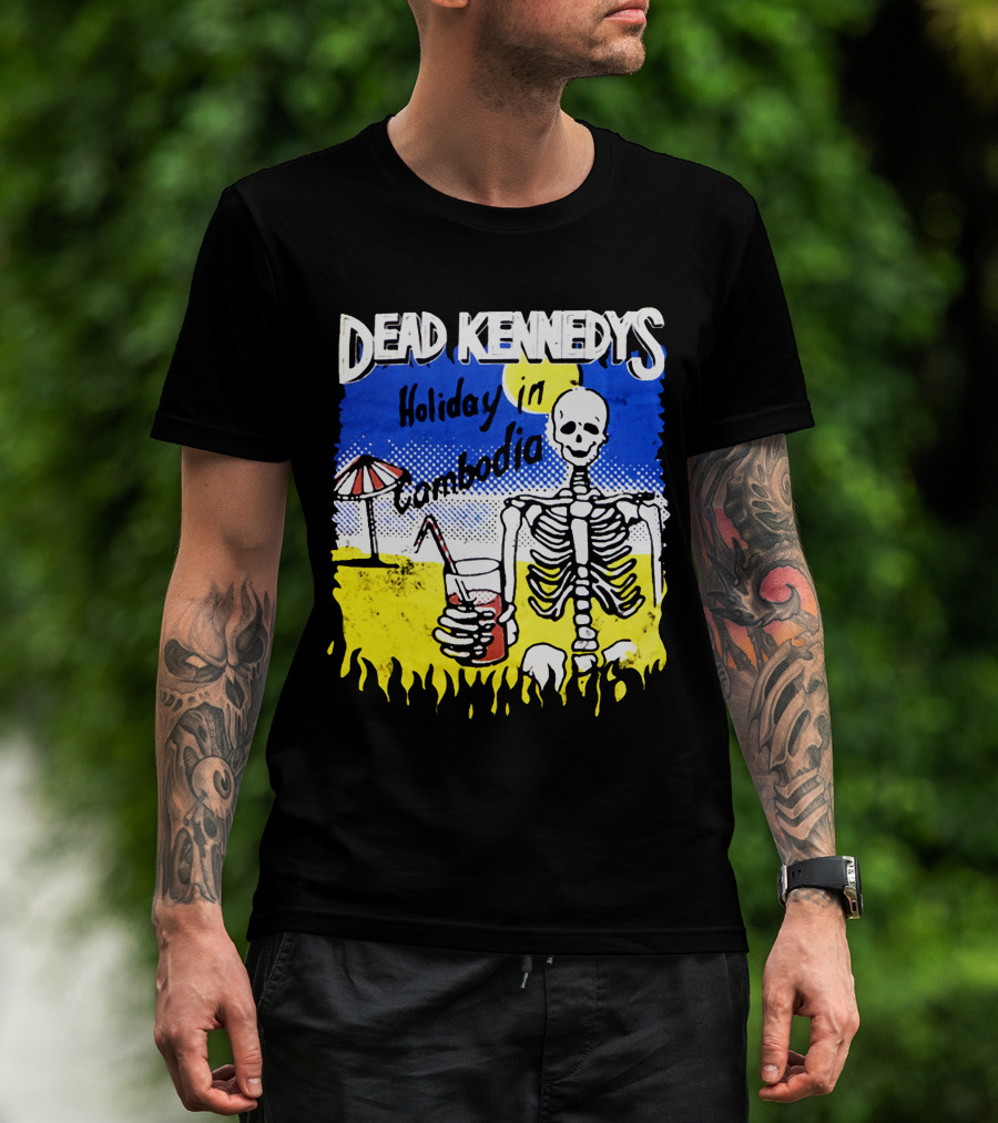 Dead Kennedys Holiday In Cambodia Skeleton Drink Umbrella Scene T-Shirt