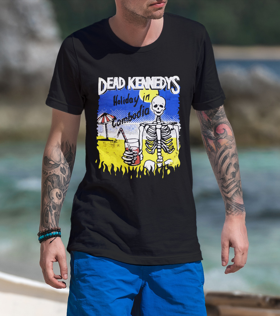 Dead Kennedys Holiday In Cambodia Skeleton Drink Umbrella Scene T-Shirt