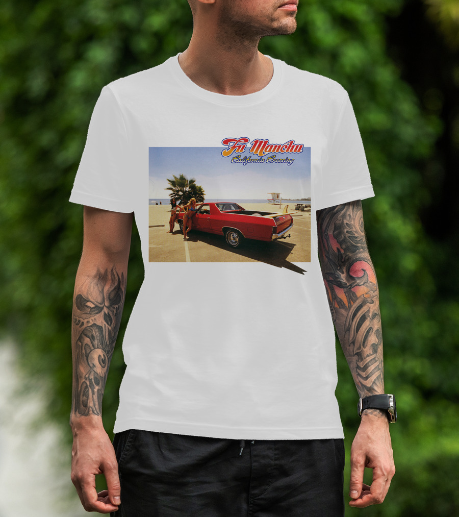 Fu Manchu California Crossing Red Car Beach Scene T-Shirt