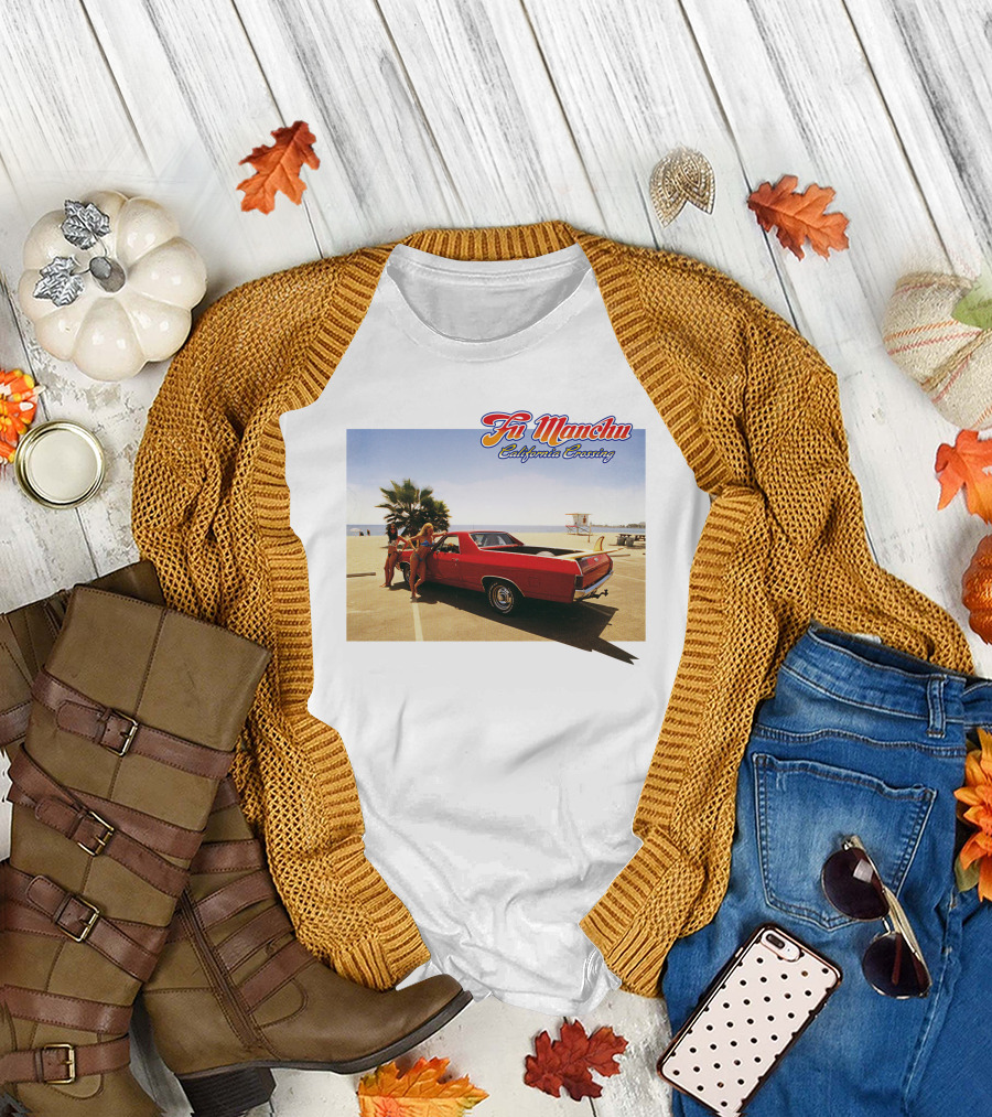 Fu Manchu California Crossing Red Car Beach Scene T-Shirt