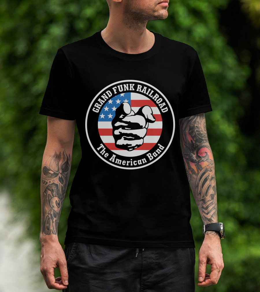 Grand Funk Railroad The American Band Logo With Pointing Hand On Usa Flag T-Shirt