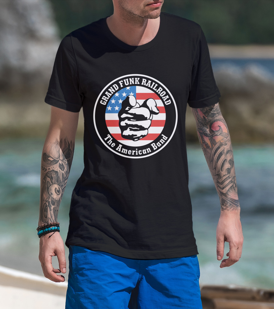 Grand Funk Railroad The American Band Logo With Pointing Hand On Usa Flag T-Shirt