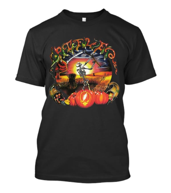 Grateful Dead Autumn Harvest Skeleton With Scythe And Pumpkins T-Shirt