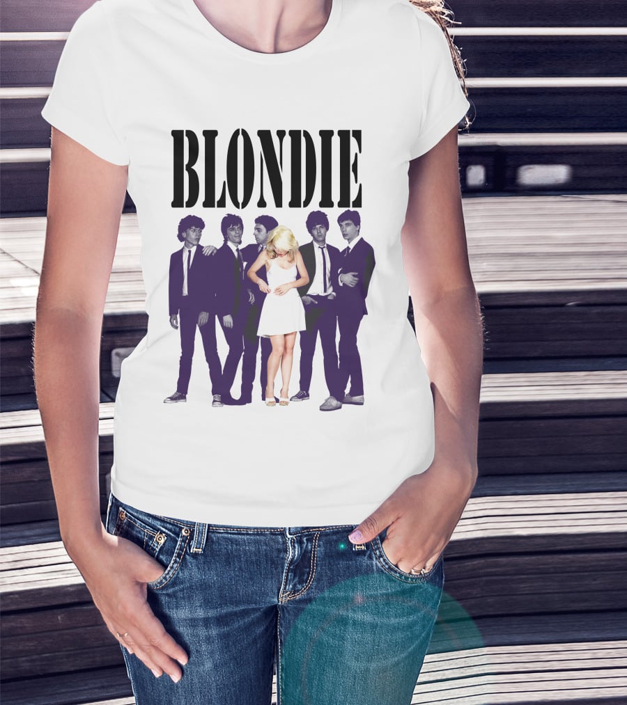 Blondie Band Classic Group Pose Black And White Borderline White Dress T-Shirt