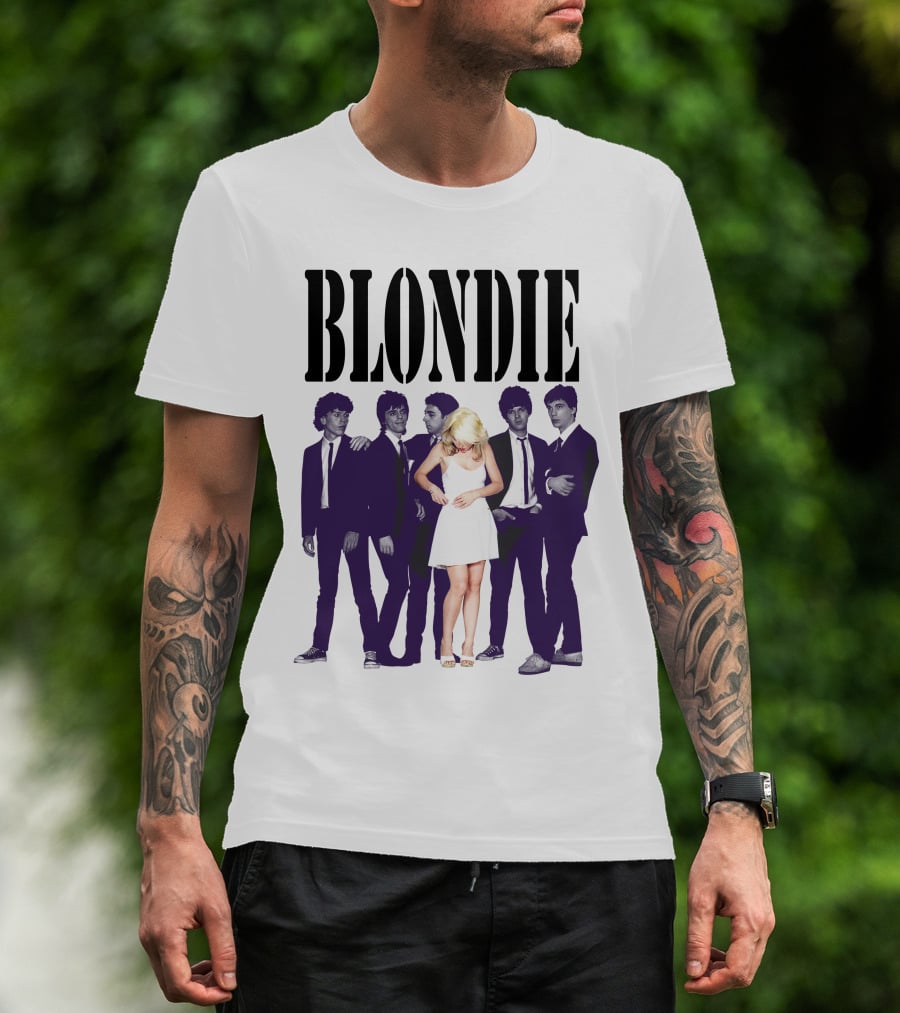 Blondie Band Classic Group Pose Black And White Borderline White Dress T-Shirt