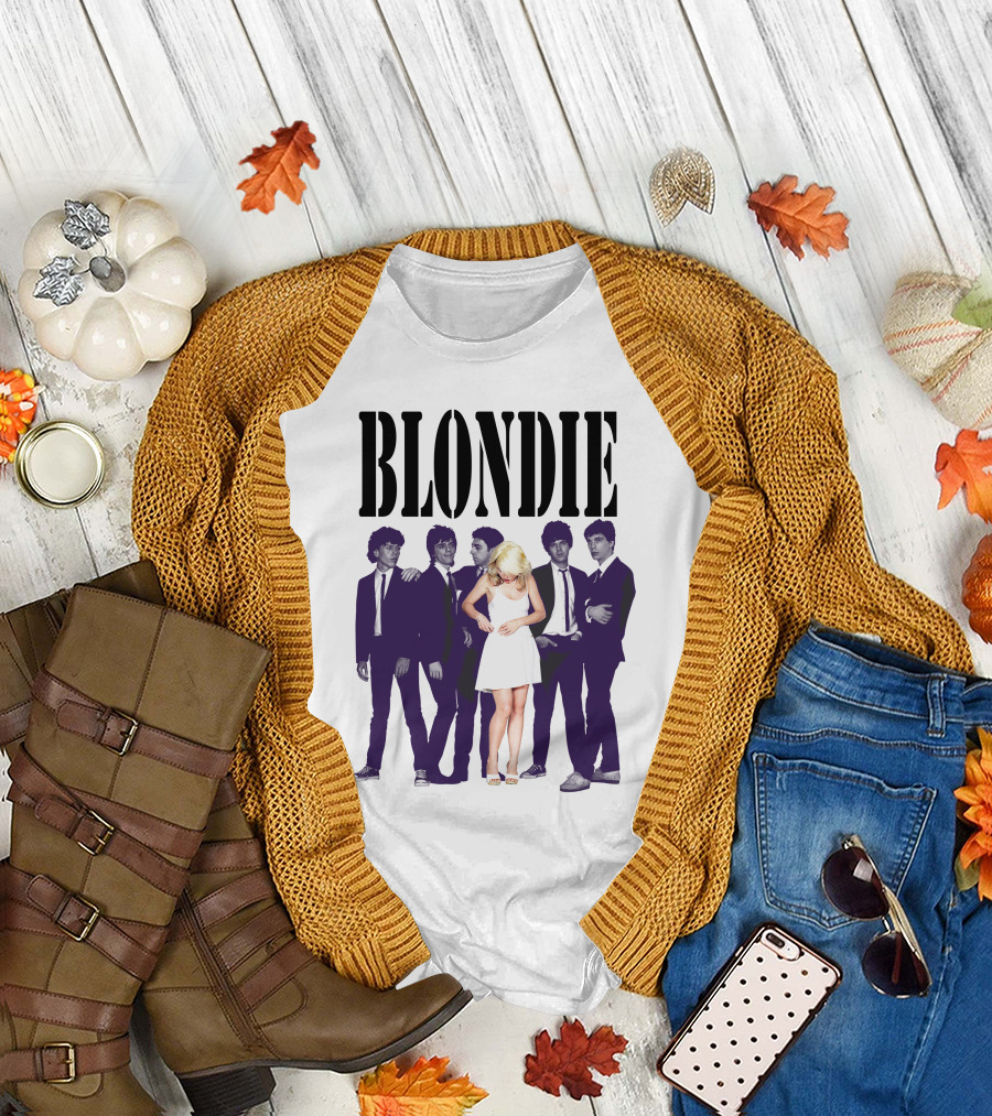 Blondie Band Classic Group Pose Black And White Borderline White Dress T-Shirt