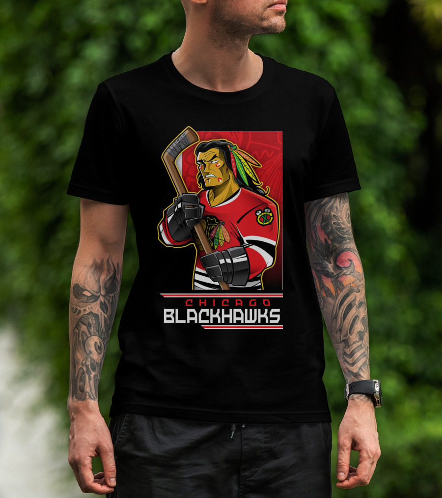 Chicago Blackhawks Hockey Player With Logo And Feathered Headdress T-Shirt