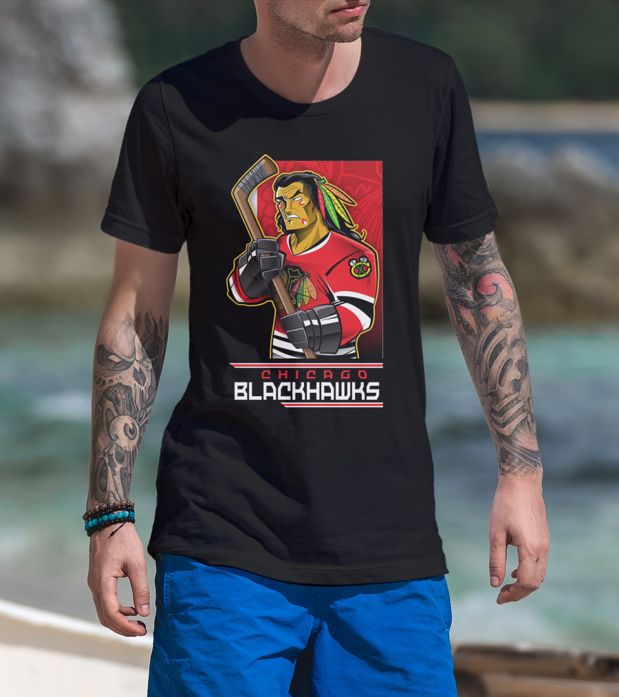 Chicago Blackhawks Hockey Player With Logo And Feathered Headdress T-Shirt