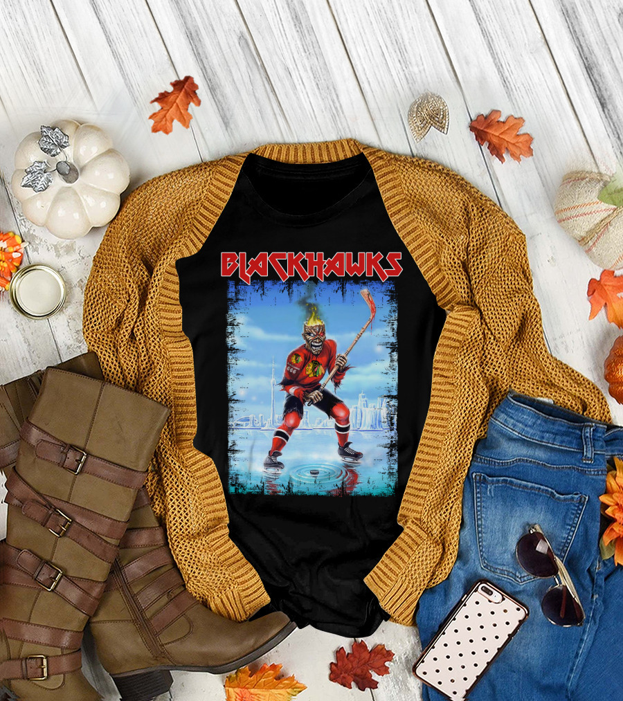 Blackhawks Hockey Player with Fiery Head and Stick T-Shirt