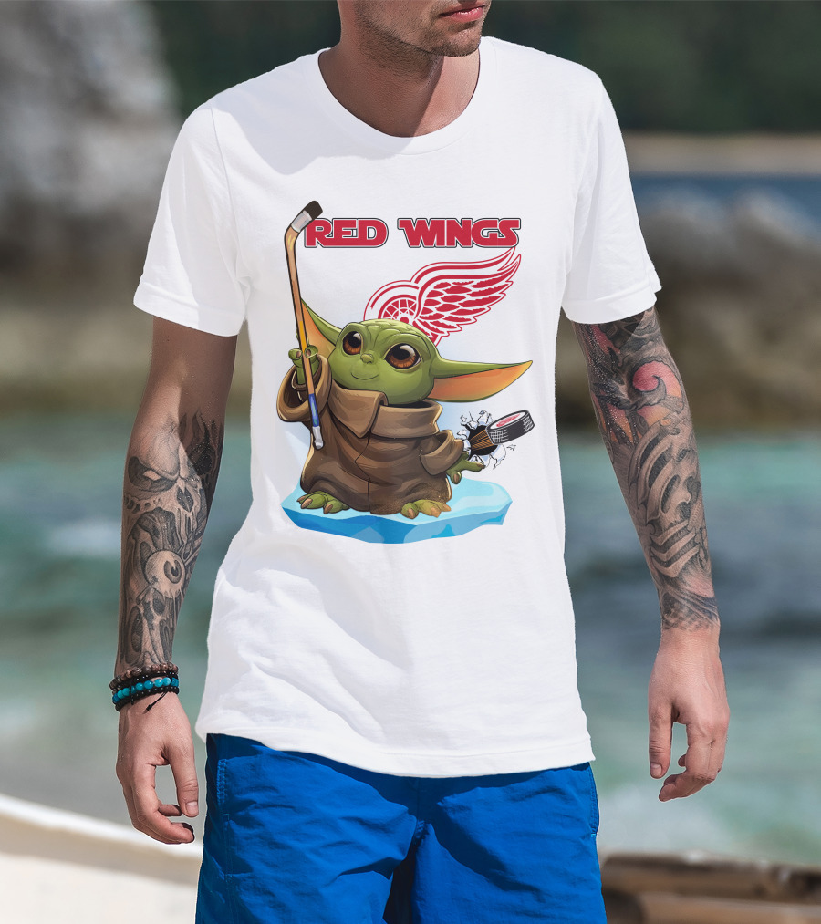 Baby Yoda Hockey Detroit Red Wings T-Shirt